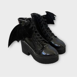 Iron Fist Black Patent Leather Glossy Platform Booties with Bat Wings- Gothic